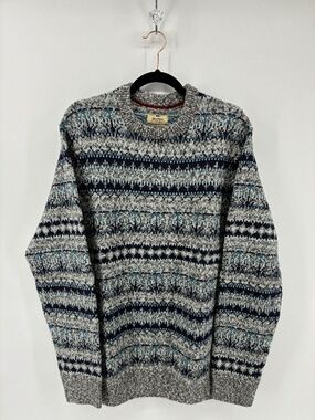 Men's Gray and Blue Patterned Sweater